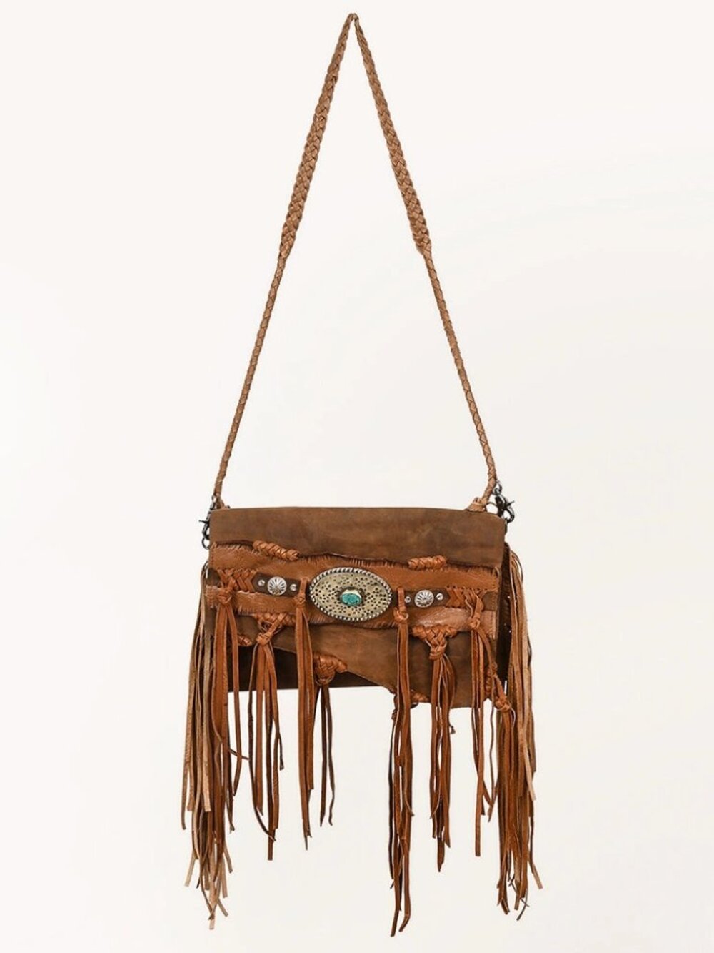 American Darling Western Fringe Crossbody Bag Braided Leather Concho&Turquoise - Picture 3 of 8